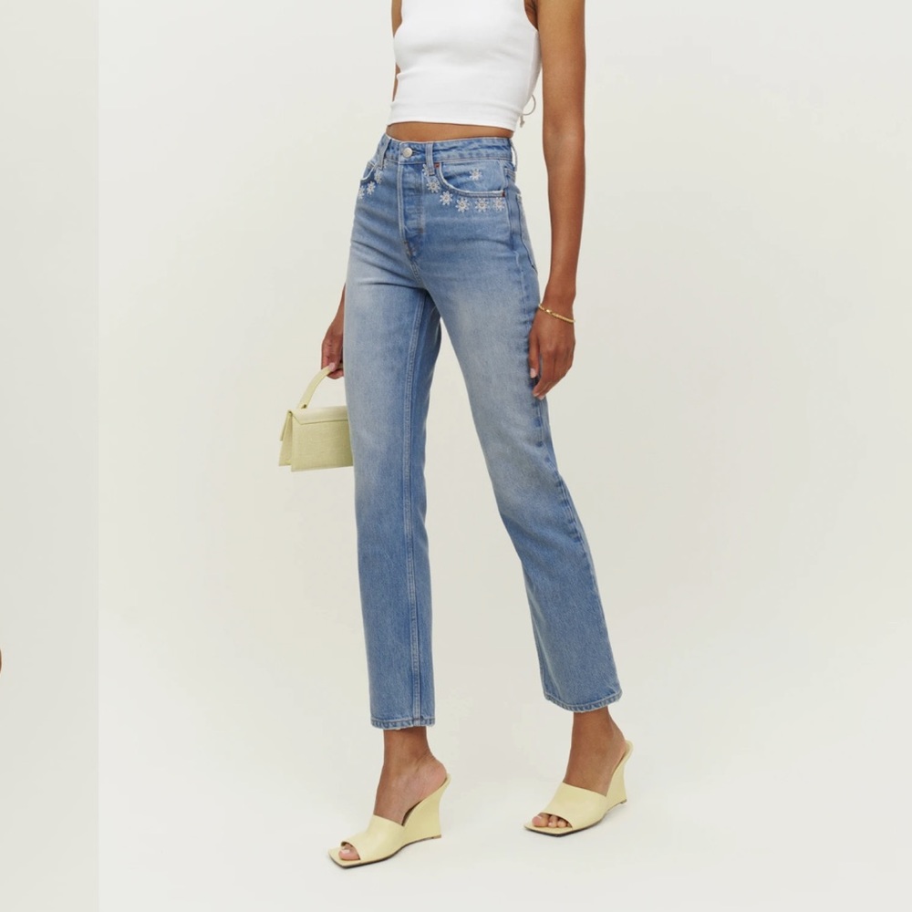 Reformation Cynthia high rise straight jeans daisy embroidered